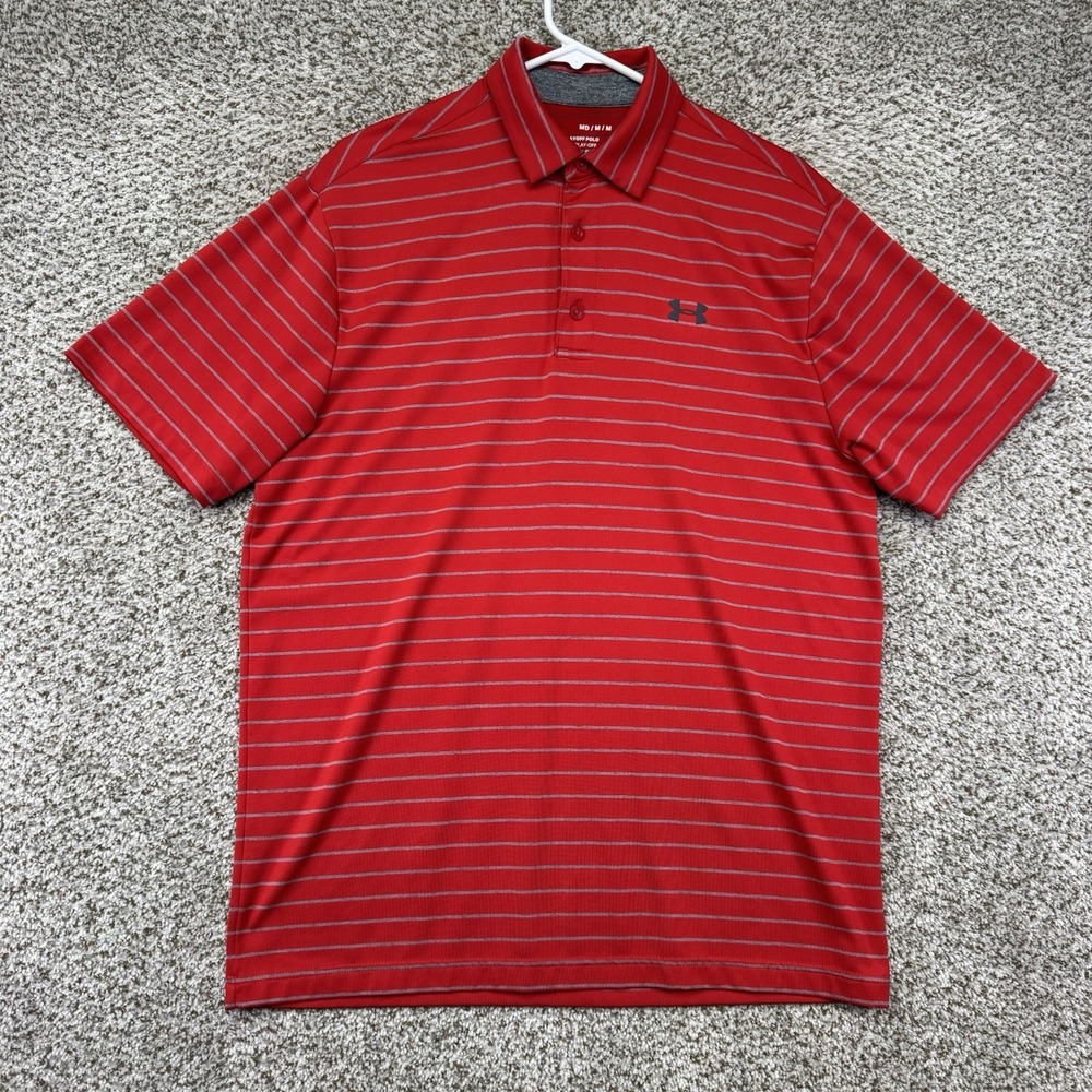 Under Armour Polo Shirt Men's Size Medium Red Stripes The Playoff Polo Golf Logo